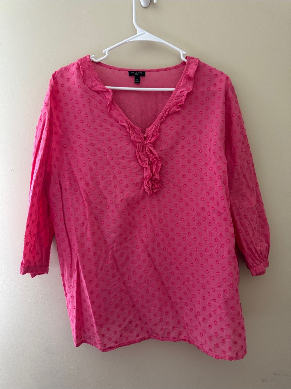 Talbots Hot Pink Ruffle V-Neck Swiss Dot Blouse